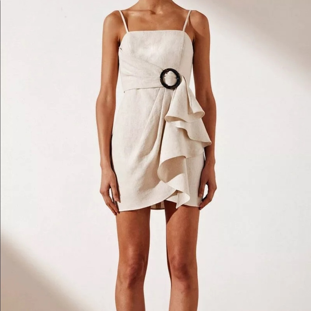 SHONA JOY Aluaro Draped Linen Beige Mini Dress Size 8 WORN ONCE